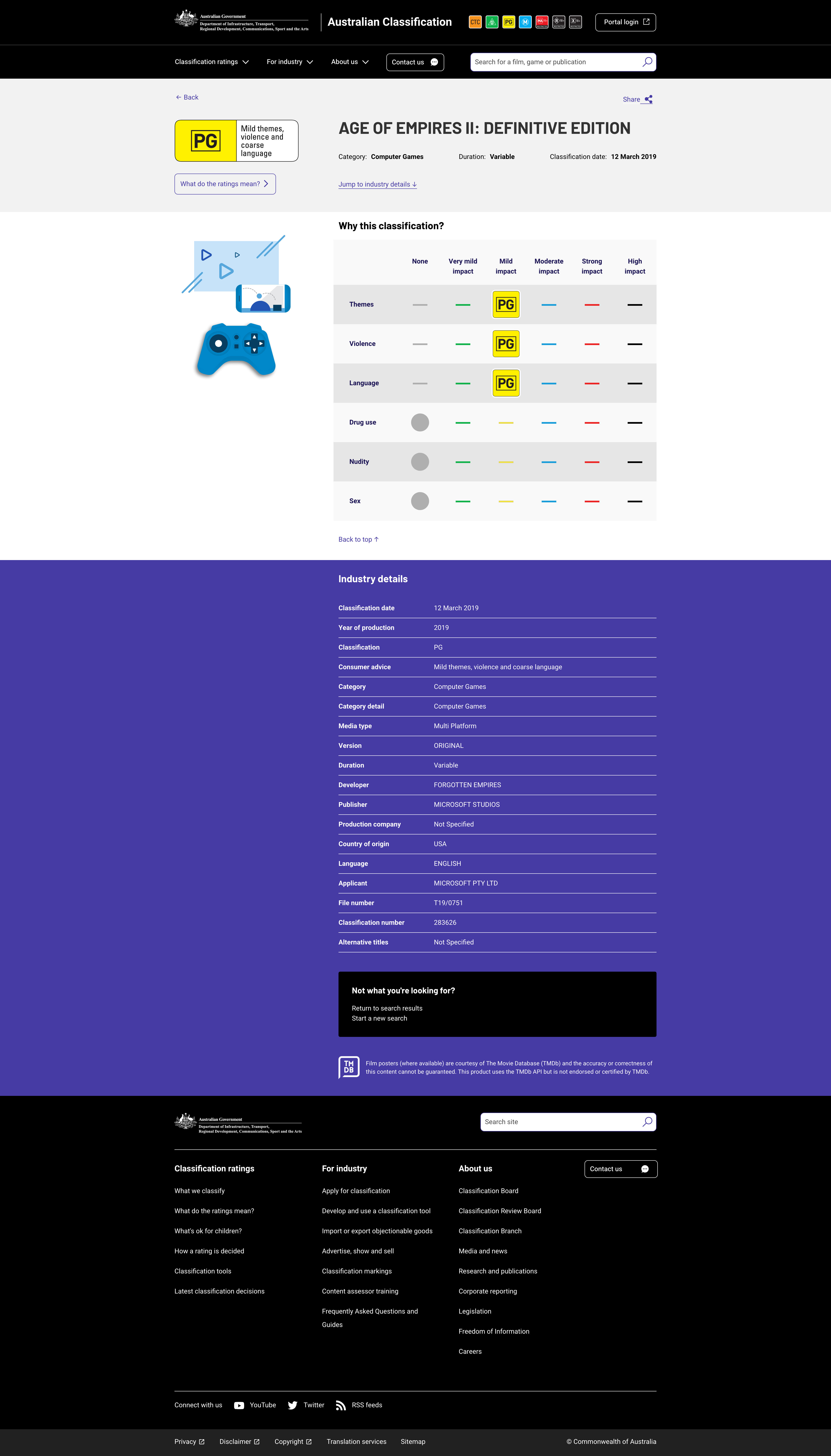 Game classification Gov website