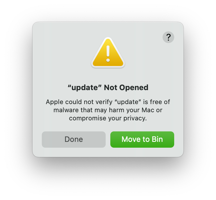 MacOS Gatekeeper warning prompt