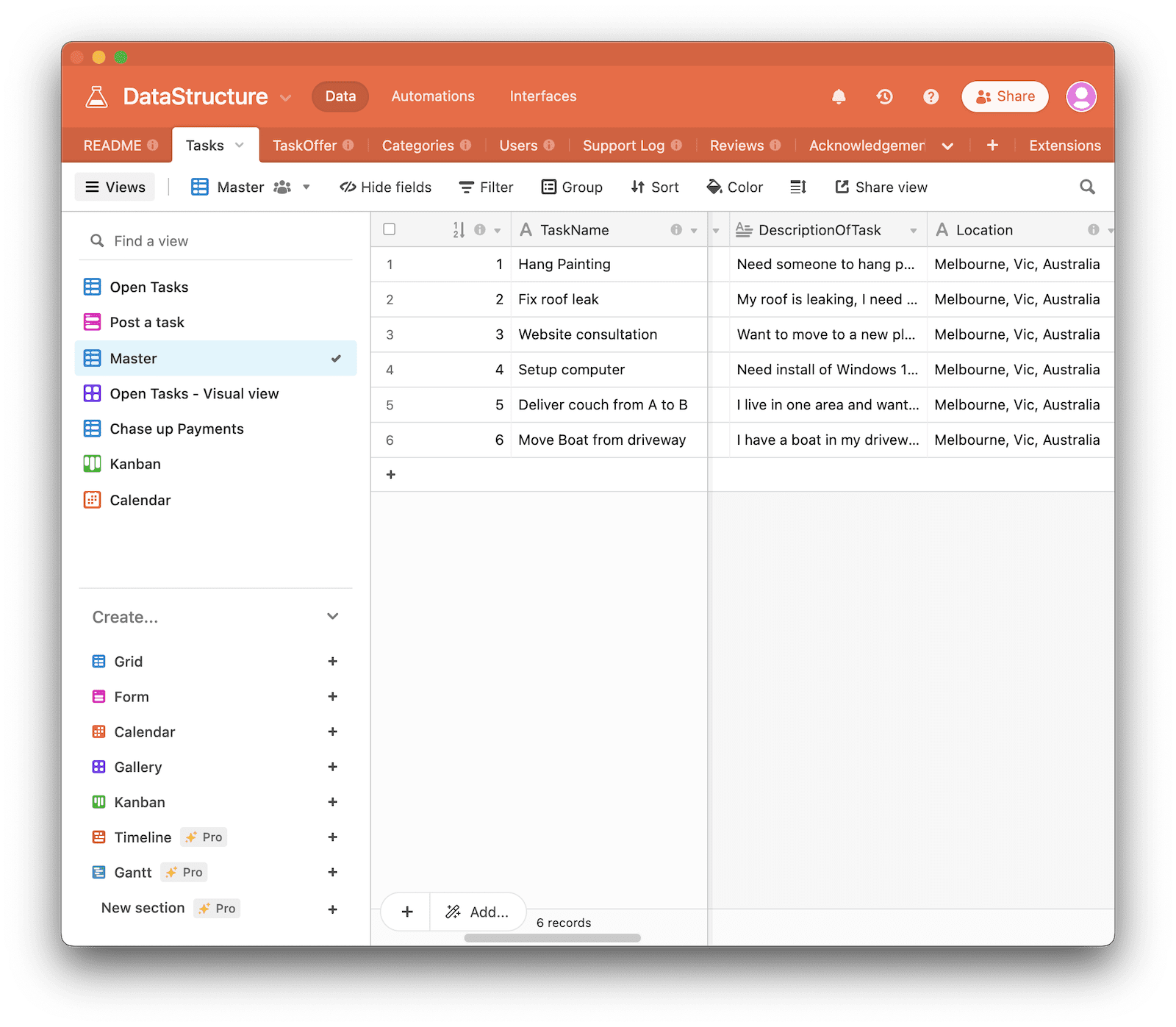 Screenshot of Airtable Task sheet
