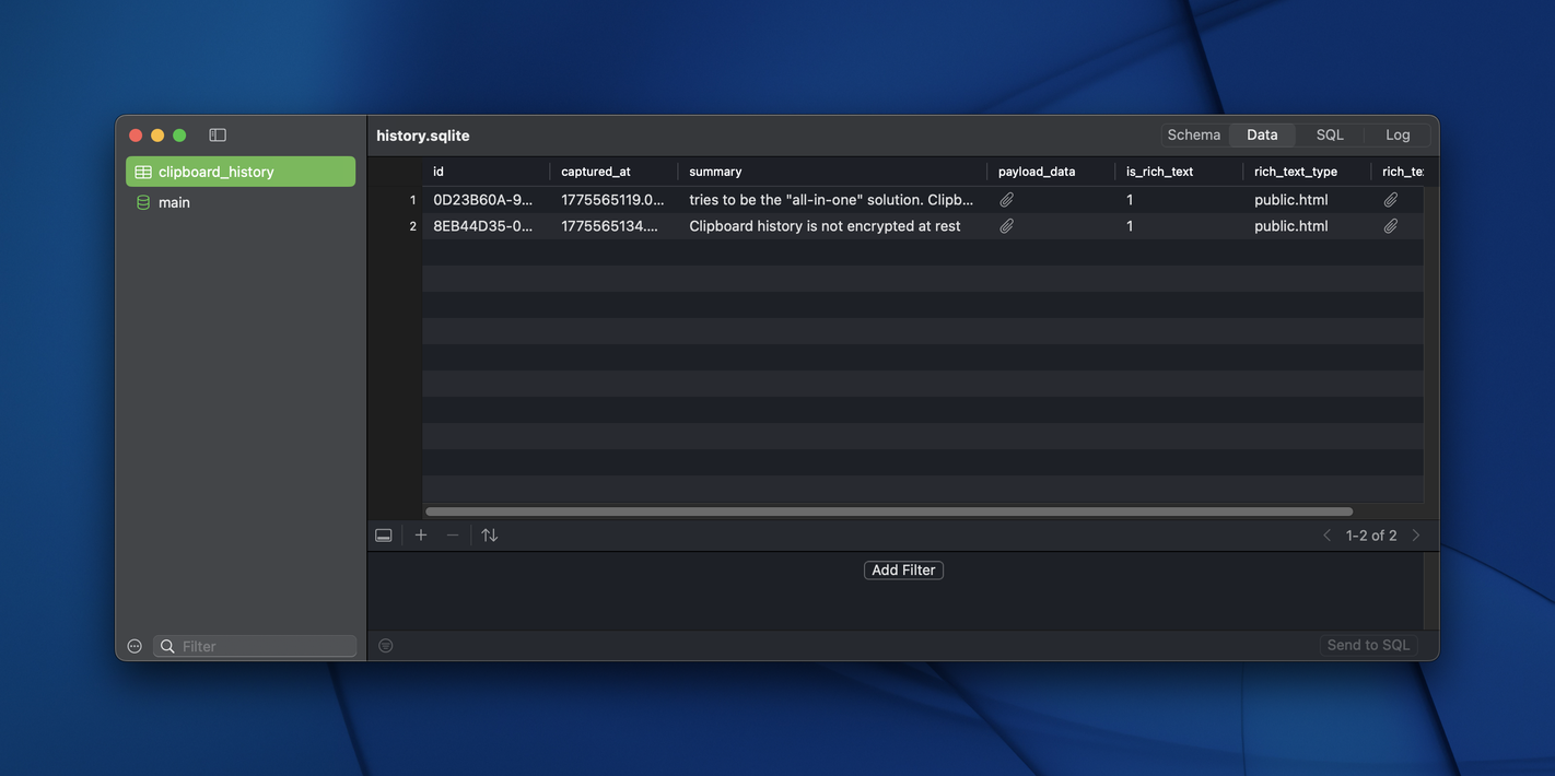 Tuna clipboard in a database